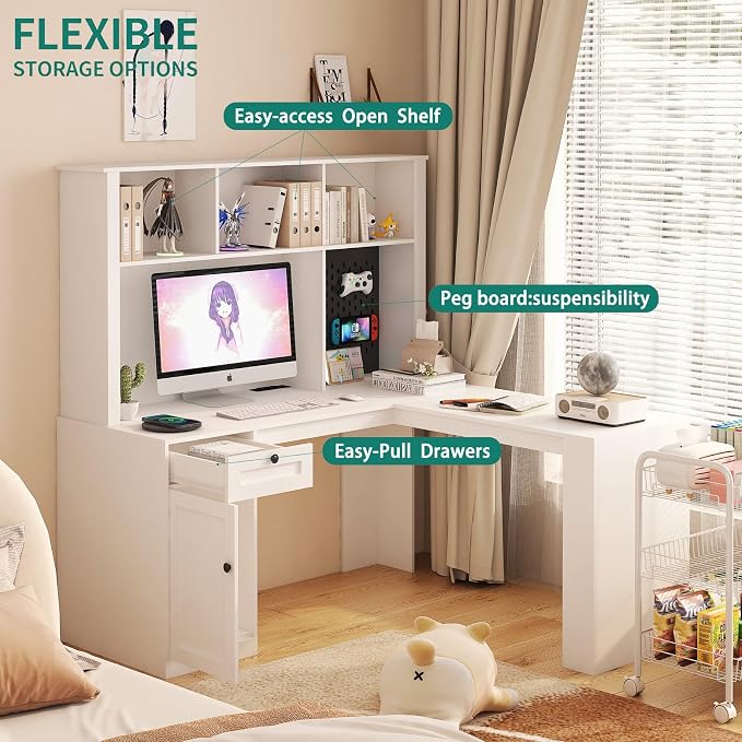 KEIKI L Shaped Home Office Desks with Outlet, Pegboard, Hutch, Drawers, Bookshelf & Storage Shelves, Modern Wooden Gaming Computer Corner Table for Work, Study, Writing