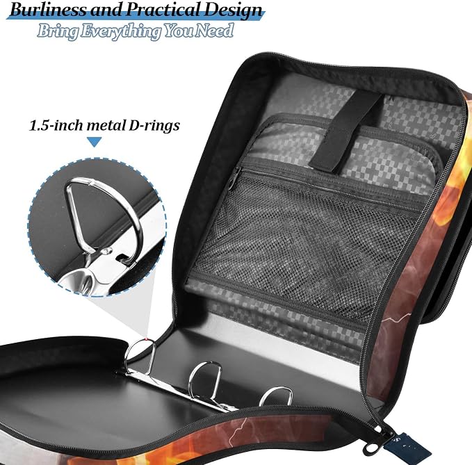 Water Fire Soccer Zipper Binder Bag 3 Ring Binder with Shoulder Strap Zip Up 500 Sheets Capacity Multi Pockets for School Office Supplies