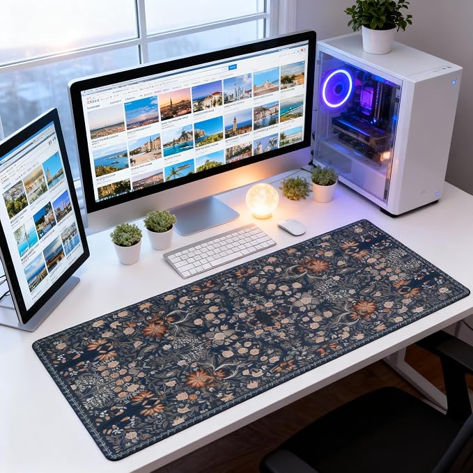 Floral Aesthetic Wildflower Gaming Mouse Pad, Blue Pink Rug Desk Mat with Anti-Slip Base & Stitched Edges, Office & Home Desk Decor for Women, 35.4" x 15.7" in Computer Desktop Mat