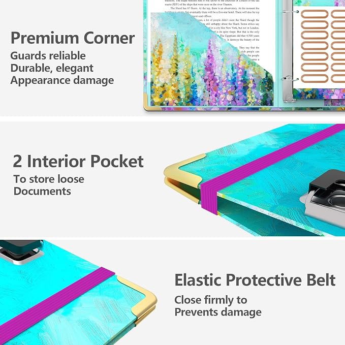 3 Ring Binder 1 Inch Ring, 2 Interior Pockets, 5 Tab Dividers, Low Profile Clipboard with Storage, Fashion Cute Binder and Labels Stickers for School Office (Purple Oil Painting)