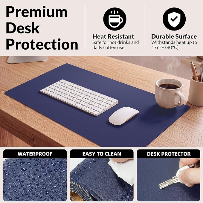AFIING Cork Desk Mat, Sapphire Blue, 35.4" x 17" | Natural Cork & PU Leather, Non-Slip, Waterproof, Large Mouse Pad for Office, Home & Gaming