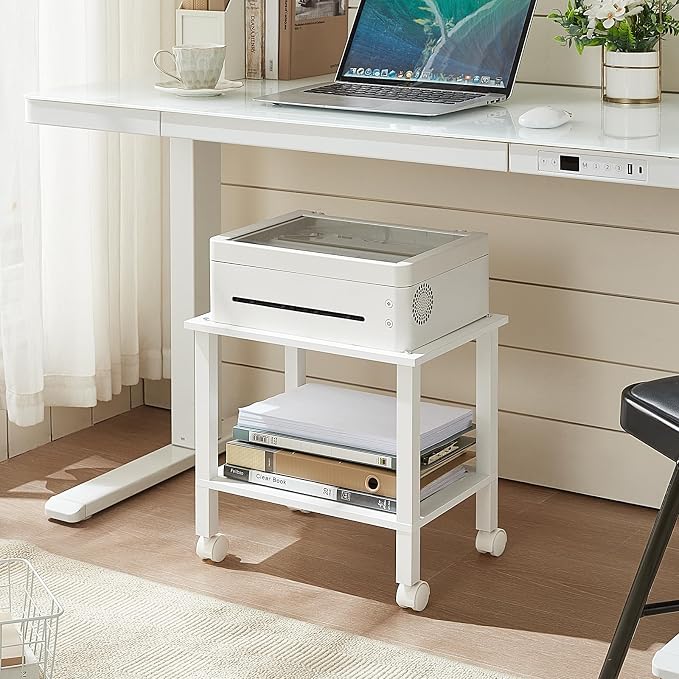YUFAM 2 Tier Under Desk Printer Stand with Storage, White | Wooden Small Printer Table for Home Office, Rolling Printer Cart Shelf with Lockable Wheels