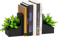 Mind Reader Contemporary Planter Bookends, Book Holders with Faux Greenery, Decorative Desktop or Shelf Organizer, Cement, Set of 2, Black