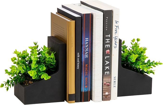 Mind Reader Contemporary Planter Bookends, Book Holders with Faux Greenery, Decorative Desktop or Shelf Organizer, Cement, Set of 2, Black