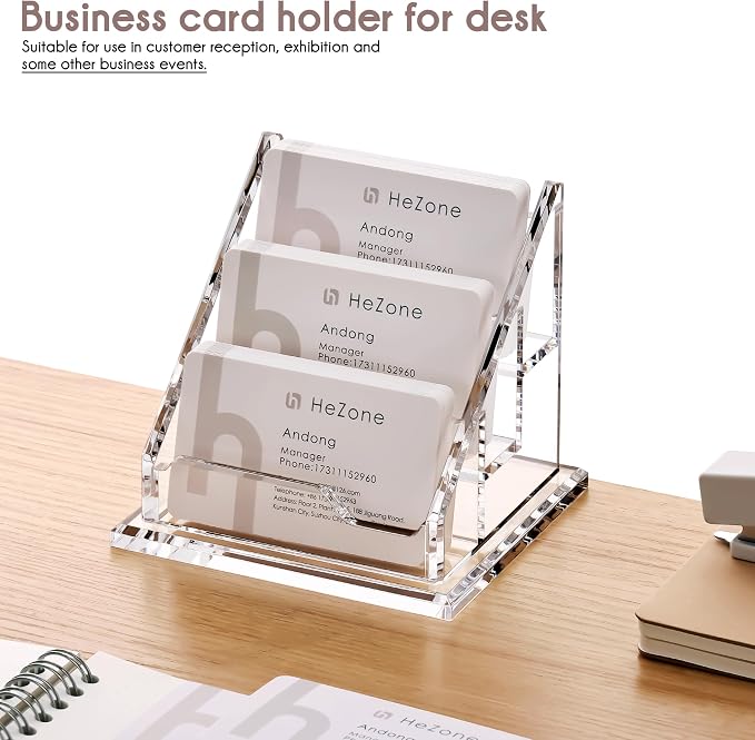 HeZone Acrylic Card Holder Clear Horizontal Business Card Organizer Stand for Desk 3 Slots 3 Tier Business Cards Stand for Women and Men,Office Desk Accessories,Organize 150 Cards-1 Pack(3 Slots-H)