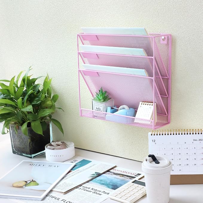 3 Pockets Mesh Wall File Holder Organizer with Bottom Flat Tray, Office Hanging File Folder Magazine Rack, Nametag Label Hooks Set Included, Pink