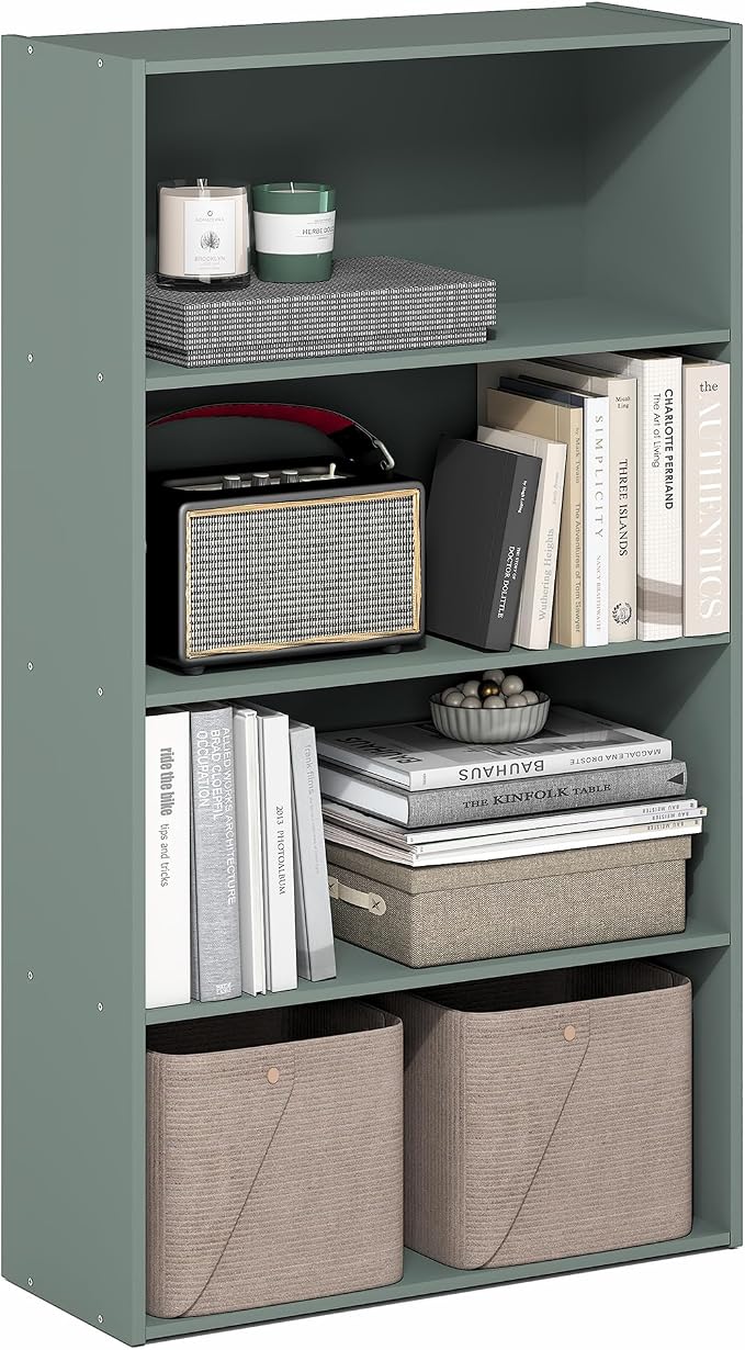 Furinno PASIR Book Shelf, 3-Tier Bookshelf, Storage Shelves Bookcase, 9.7 x 23.7 x 31.5, for Living Room, Bedroom, Home Office, Sage Green