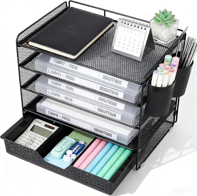 LEKETREE Desk Organizer and Accessories, 5-Tier Paper Letter Tray Organizer with Drawer & 2 Pen Holders for Desktop File Organization, Office Desk Accessories for Supplies Storage (Black)