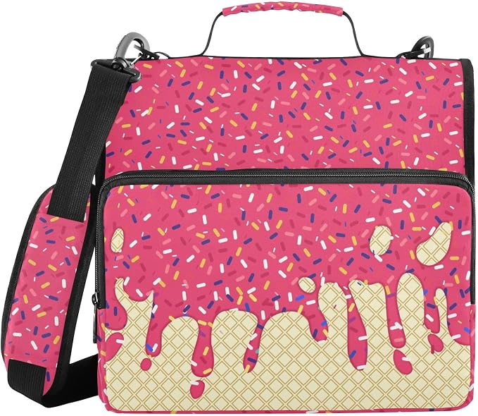 Red Ice Cream Print 3 Ring Binder Bag 1.5 inch Binder Organizer with Zipper Shoulder Strap 500 Sheet Documents Storage for School Office