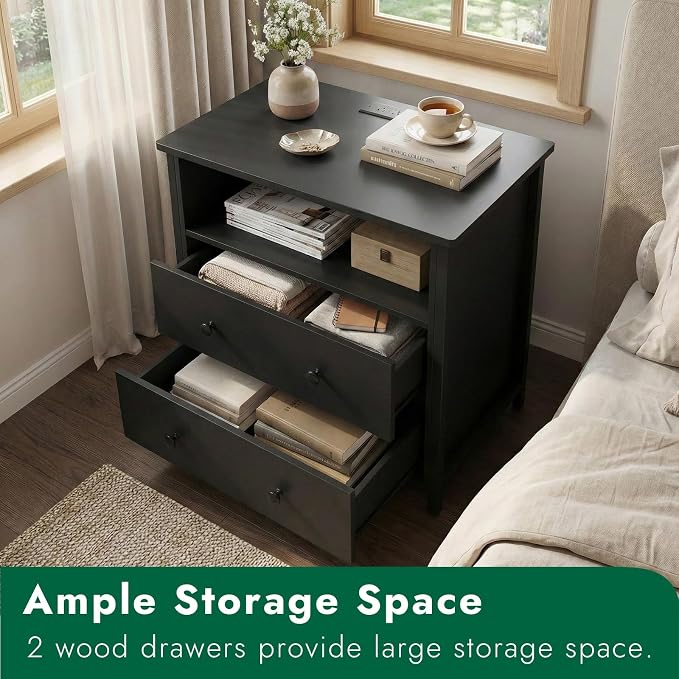 27 Inch LED Nightstand with Charging Station, 2 Drawers, Black | RGB App Control, 2 AC Outlets & 2 USB Ports, Open Storage, Adjustable Feet, Wood Tall Nightstand for Bedroom or Office