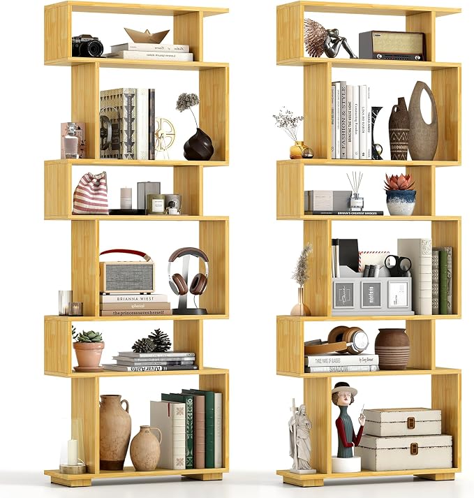 Tangkula 6-Tier S-Shaped Bookshelf, 64" Freestanding Geometric Bookcase, Home Office Wood Storage Shelf with Anti-Toppling Device, Room Divider Display Rack for Study, Living Room (2, Burlywood)