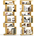 Tangkula 6-Tier S-Shaped Bookshelf, 64" Freestanding Geometric Bookcase, Home Office Wood Storage Shelf with Anti-Toppling Device, Room Divider Display Rack for Study, Living Room (2, Burlywood)