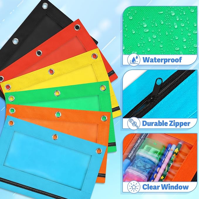 72 PCS 3 ring pencil pouches bulk in 6 Colors, School Classroom Supplies | Pencil Pouch for 3 Ring Binder, Zipper Pencil Pouches with Clear Window for Classroom Office School Supplies