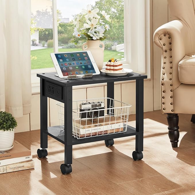 YUFAM 2 Tier Under Desk Printer Stand with Charging Station, Black | Wooden Small Printer Table for Home Office, Rolling Printer Cart Shelf with Lockable Wheels