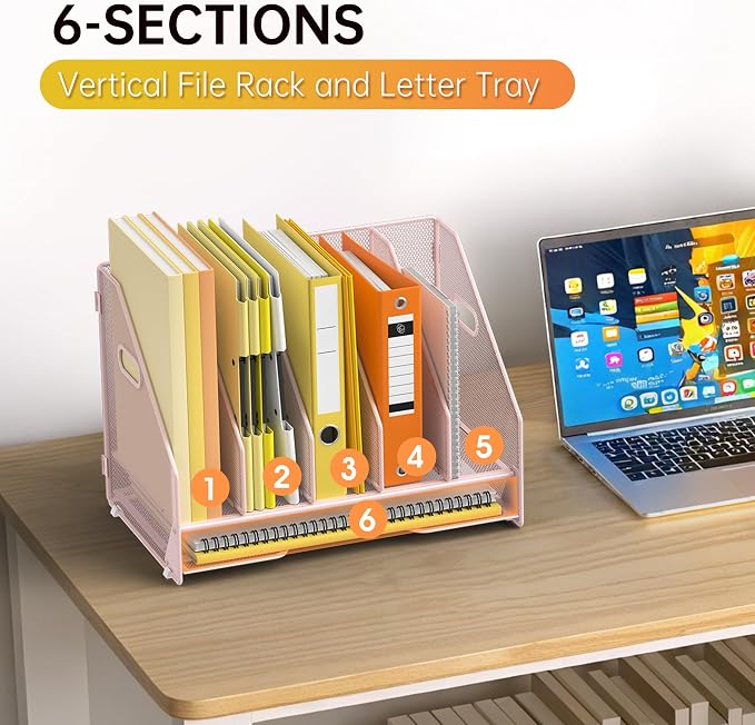 Docnest Mesh Desk File Organizer, 5 Vertical Compartment Box Sorter, Pink | Features 4 removable middle dividers for custom spacing and a bottom letter tray to hold paper, mail, and documents