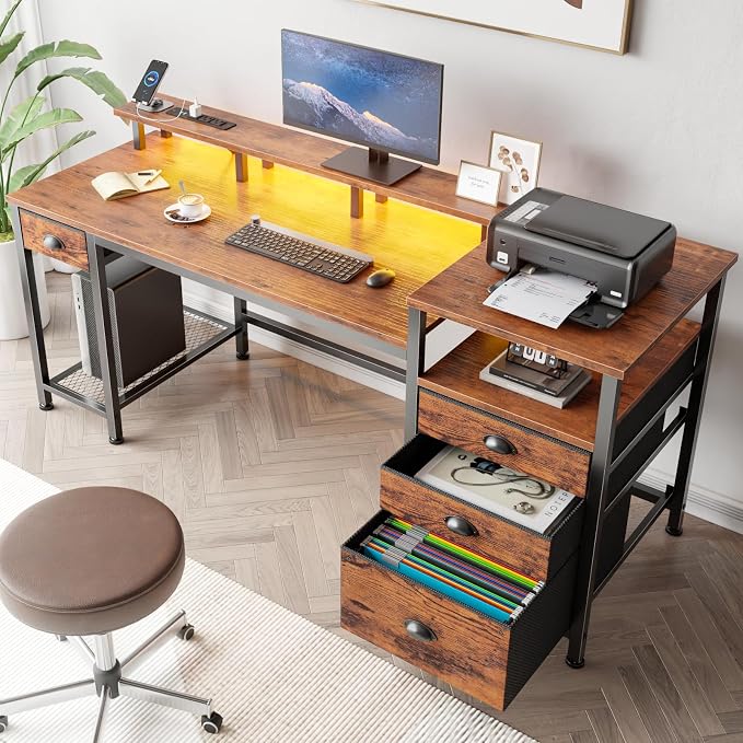 Furologee 60" Computer Desk with 4 Drawers, Power Outlet, LED, Rustic Brown | Home Office Desk with Full Monitor Stand,Storage Shelves, 4 File Drawers Cabinet ,Printer Space for Study Working Bedroom