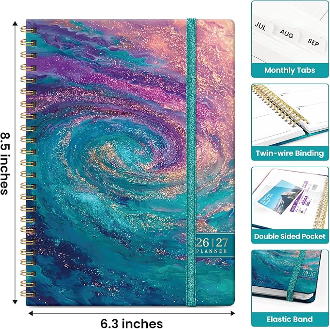 Taja Planner 2026-2027, Jul 2026-Jun 2027 Monthly & Weekly Calendar Planner | 6.3" x 8.5", Hardcover Academic Calendar, Teacher Student Agenda Book with Tabs, School Office Supplies, Galaxy Flow