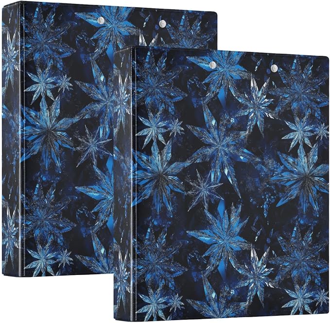 Blue Crystalline Snowflake 3 Ring Binder 1.5" Decorative D-Ring Binder with Clipboard&3 Clear Pockets, Holds 200 Sheets A4 Size Paper Waterproof Binders for School Home Office