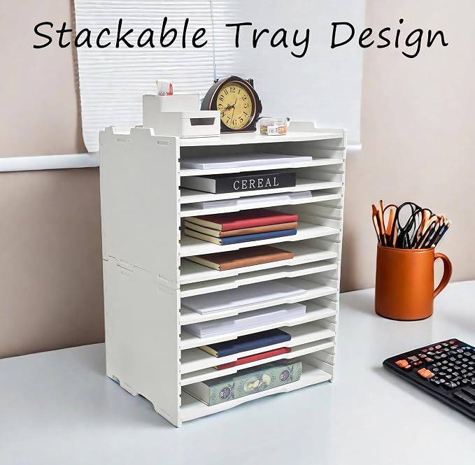 YFS 6 Tier-Desk File Organizer, Stackable Paper Tray, Printer paper Storage for Office, Sorter Organizer for Letter/A3 Office File Folder Holder -White (Horizontal-6tray(with 5 Adjustable Shelves))