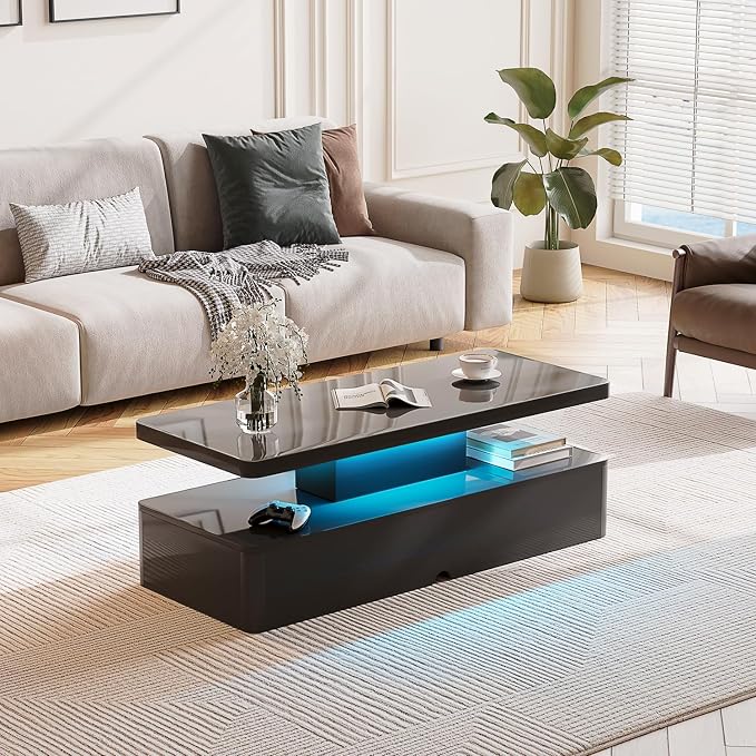 40" Modern LED Coffee Table, 2 Tier Rectangular Center Table with 16 Colors Lights & Large Storage Space, High Glossy Wooden Tea Table for Living Room, Bedroom, Home Office, Black