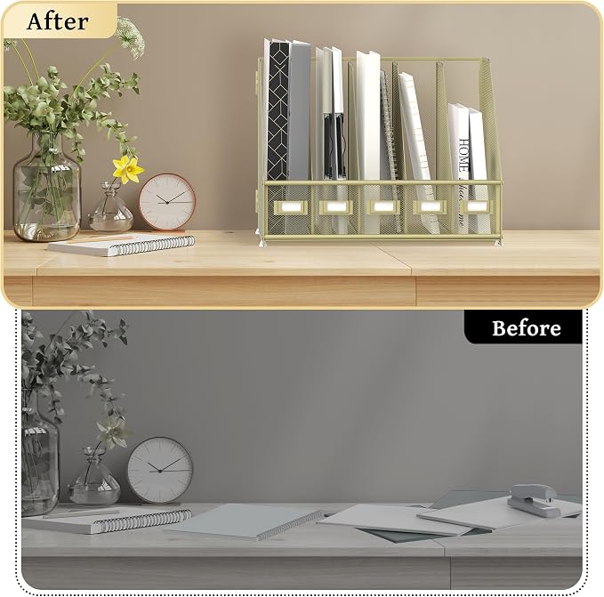 Desk Organizers Metal Desk Magazine File Holder with 5 Vertical Compartments Rack File Organizer for Office Desktop, Classroom, Home Workspace, Golden Yellow