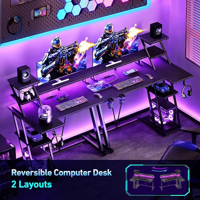 Korfile 55 Inch Gaming Desk with Power Outlet, LED, Monitor Stand, Black | Gaming Computer Desk, L Shaped Gamer Workstations, Storage Shelves, for Bedroom & Gaming room