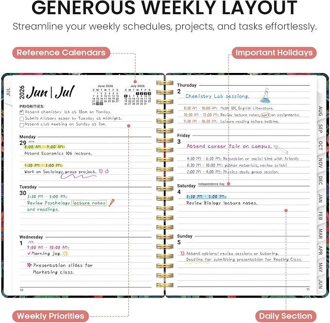 Taja Planner 2026-2027, Jul 2026-Jun 2027 Monthly & Weekly Calendar Planner | 6.3" x 8.5", Hardcover Academic Calendar, Teacher Student Agenda Book with Tabs, School Office Supplies, Hummingbird