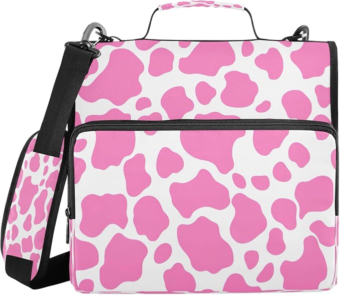 3 Ring Zipper Binder Pink Cow Print Binder Organizer Portfolio with File and Shoulder Strap & Handle Large Capacity File Folder