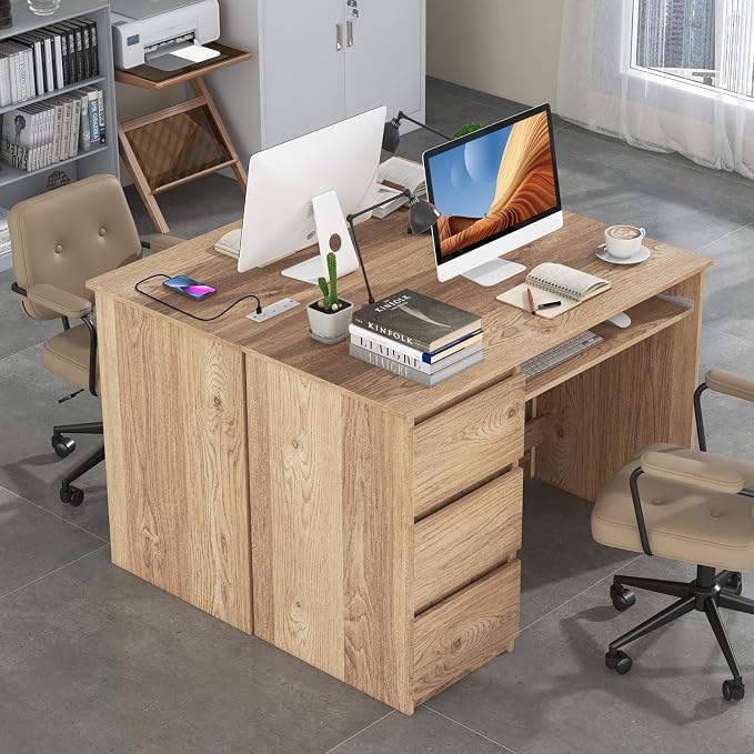 Tangkula Computer Desk with 3 Storage Drawers & Built-in Charging Station, Home Office Desk with Keyboard Tray, PC Desk Study Writing Desk, Vanity Table for Bedroom, Computer Workstation (Natural)