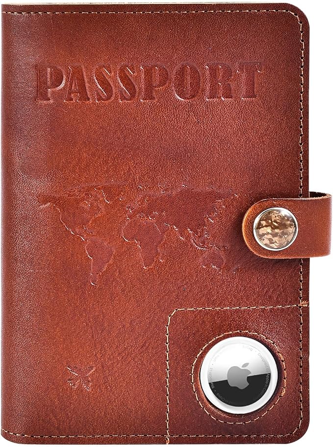 Brown Binder, Genuine Leather Passport Holder, Passport Cover with Air Tag Slot, Men's Travel Document Organizer, SIM Slot Travel Passport Wallet