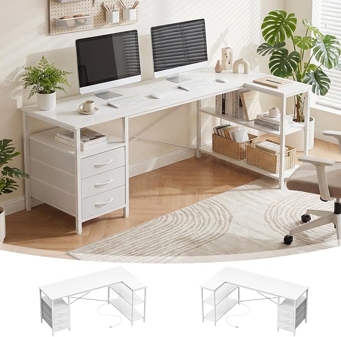 Alpen L Shaped Computer Desk, 47 Inch Corner Desk with Drawers and Power Outlets, Home Office Desk for Gaming, Study Writing PC Table with Storage and Reversible Shelf, White