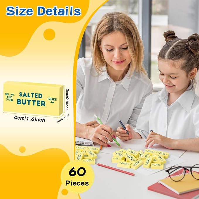 Laffact Butter Mini Eraser Bulk for Kids, 60Pcs Back to School Student Gift