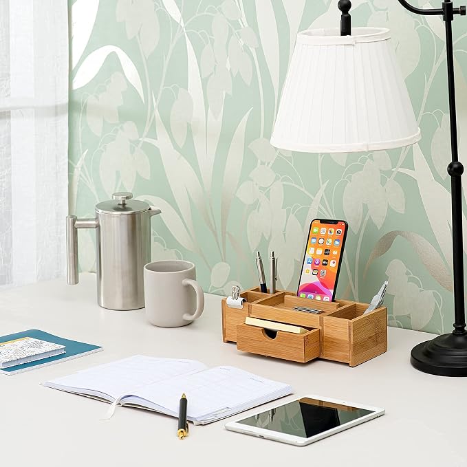 Bamboo Desk Organizer – Durable Office Wood Desk Organizer with Drawers, Storage Compartments, Pen Holder, and Phone Holder- Home and Office Desk Organizers and Accessories