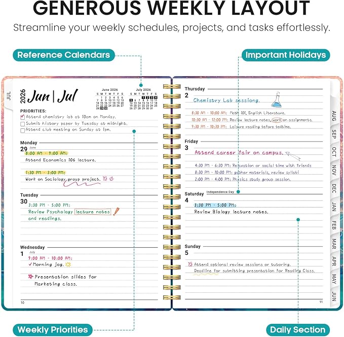 Taja Planner 2026-2027, Jul 2026-Jun 2027 Monthly & Weekly Calendar Planner | 6.3" x 8.5", Hardcover Academic Calendar, Teacher Student Agenda Book with Tabs, School Office Supplies, Galaxy Flow