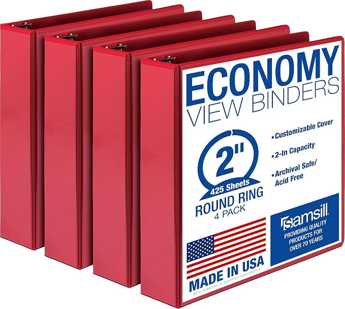 Samsill 2 Inch 3 Ring Binders, Economy Round Ring, Clear View Cover, 425 Sheet Capacity - for School, Home, Office - Red, 4 Pack