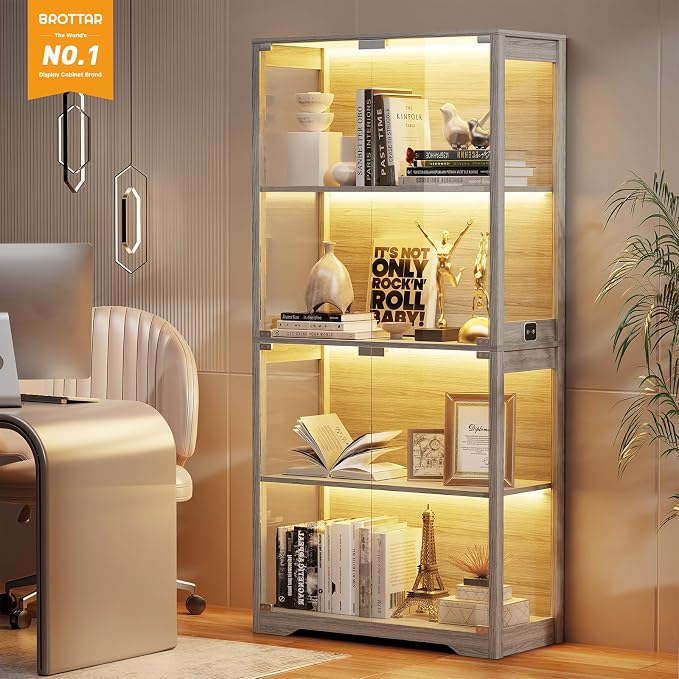 BROTTAR Display Cabinet with Glass Doors, 4-Tier Display Case, Gray | Curio Cabinet with 3 Color Lights for Collectibles, Storage Cabinets with Human Body Sensor