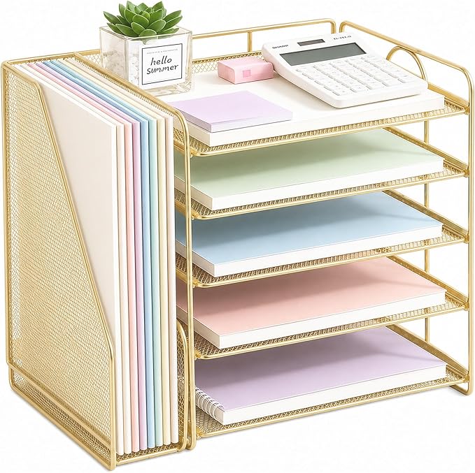 Desk Organizer, 5-Tier Paper Organizer Letter Tray, Gold | Desk Organizers and Accessories, Office Desk Accessories & Workspace Organizers, Desktop File Organizer for Office Supplies