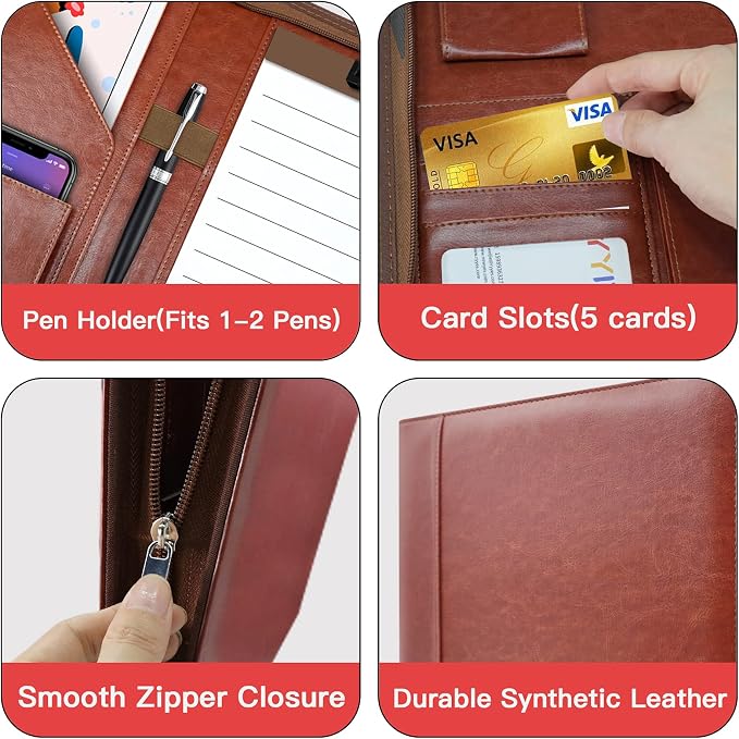 WRIYES Zippered Padfolio Organizer, 10.2 Inch Portfolio Folder, Brown | Leather Planner Binder, For Documents, Letter Size, Business Card Holder, For Men & Women