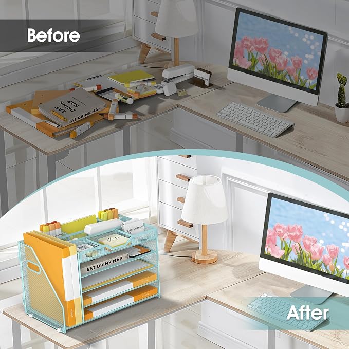 5 Tier Paper Letter Tray Desk Organizer with Pen Holders - Blue | Features 3 pen holders and 4 removable dividers.Versatile mesh desktop storage for mail, document,office supplie