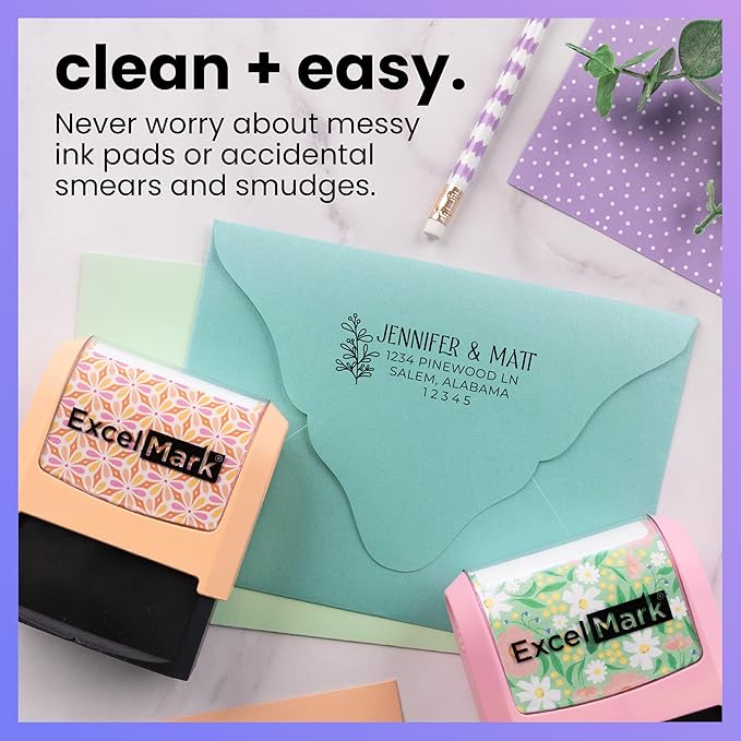 ExcelMark Address Stamp - Custom Return Address Stamp with Elegant Designs, Vibrant Colors & Patterns – Perfect for Mail, Invitations & Gifts (Violet Mount, Foliage Edge)