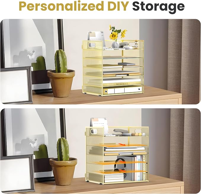 Daltack 6-Tier Paper Organizer for Desk with Handle, Gold, 2 Pack | Sturdy Metal Mesh Organizer with Movable Middle Trays and a Carry Handle for Papers, Folders and Office Supplies
