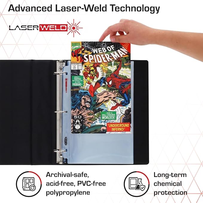BCW LaserWeld Comic Book Sleeves | 50 Pack | 1-Pocket Pages for 3 Ring Binder | Top Loading, Crystal Clear, Acid-Free, Archival Storage