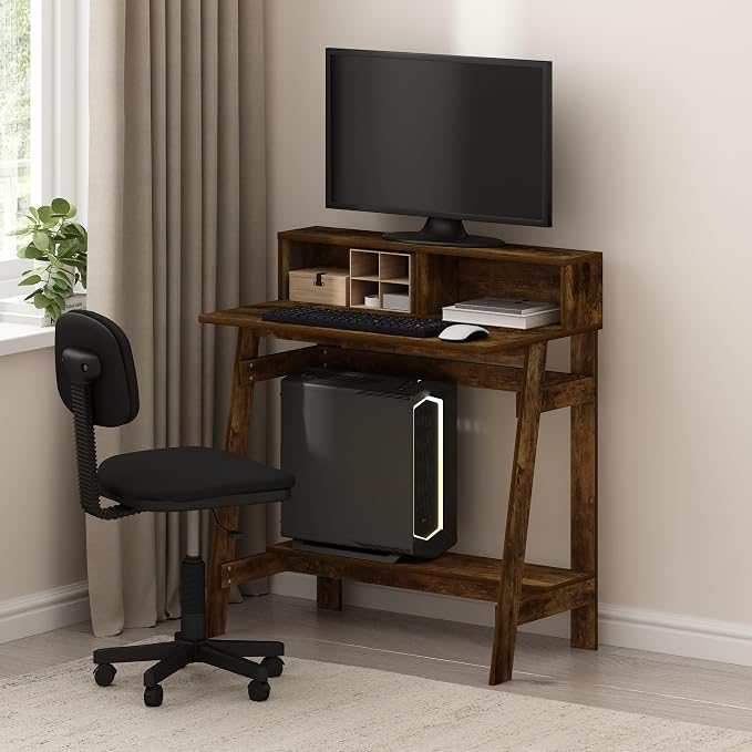 Furinno Simplistic 32" Wide Desk, Gaming Desk with Shelf, Amber Pine | with Monitor Stand, A Frame Computer Desk, Office Desk, for Home Office, Bedroom, Study Room, Dorm