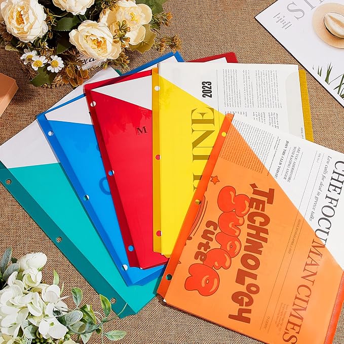 Maitys 50 Pack Binder Pockets 3 Ring, Letter Size 8.5x11,Bright Colors | Clear Plastic Document Sleeves, Sheet Protectors with Slash Jacket, Fits Standard 3 Hole Binders, Organize Office Papers