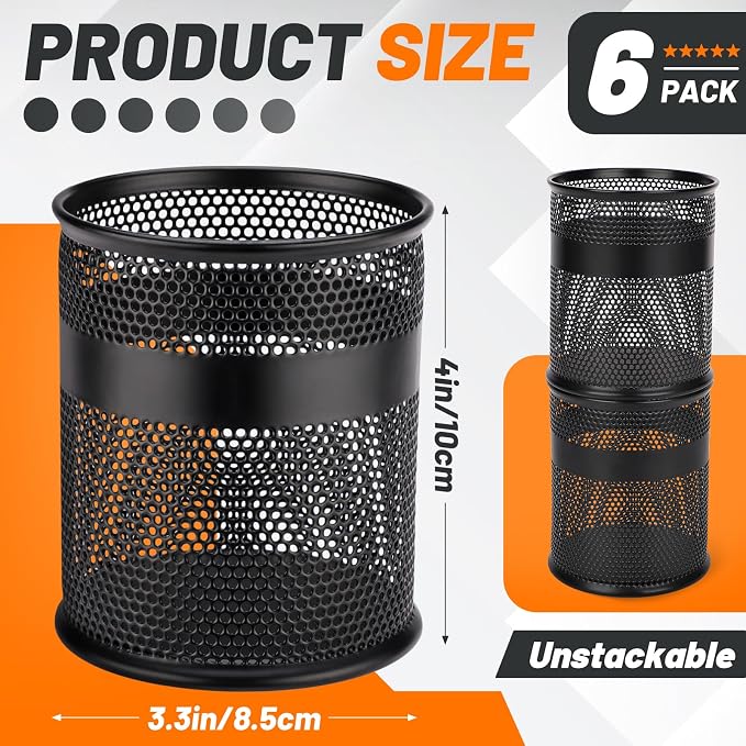 Segarty 6 Pack Black Steel Mesh Pen Cups Desk Pen Pencil Holder, Round Pen Container Pencil Cups Desk Organizers for Home Office