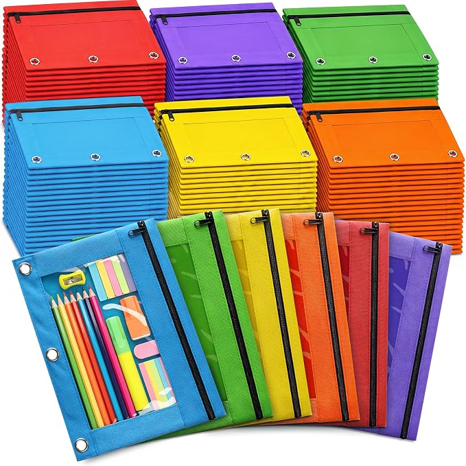 Pencil Pouch for 3 Ring Binder, Bulk Pencil Pouches with Zipper, 144 Pack | 6 Assorted Colors, Clear Window Binder Pouches for Students Teachers, Classroom, Back to School Supplies, Office Organization