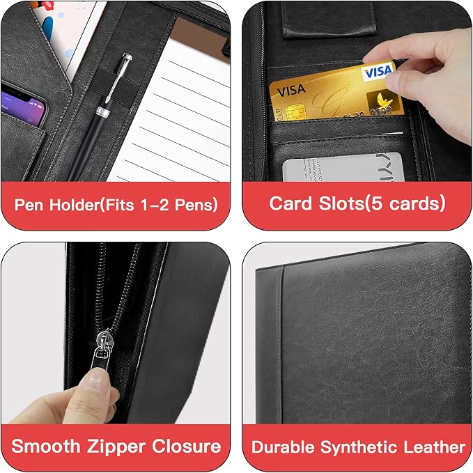WRIYES Zippered Padfolio Organizer, 10.2 Inch Portfolio Folder, Black | Leather Planner Binder, For Documents, Letter Size, Business Card Holder, For Men&Women