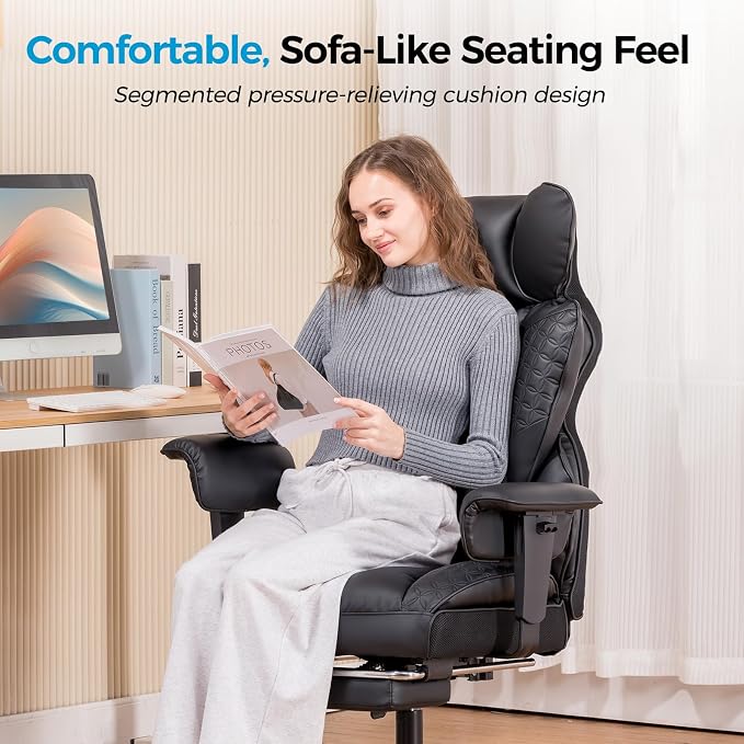 COMHOMA Big and Tall Office Chair Heavy Duty Wide Ergonomic Gaming Chair with Deluxe Embossing Leather with Foot Rest 150°Reclining Adjustable Armrests Pocket Spring Back Support and Without Pillow
