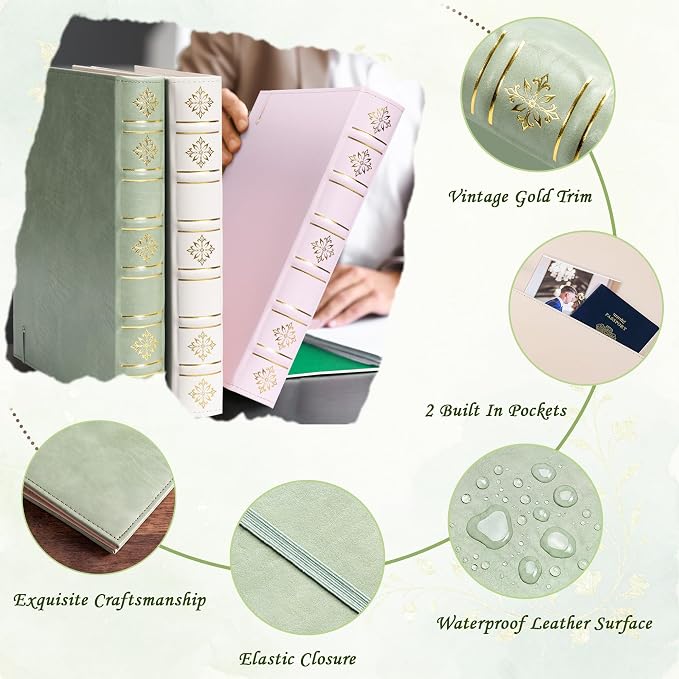 Ospelelf Leather 3 Ring Binder 1 Inch, Vintage Hardback D Ring Binder with Pockets and 5 Tab Dividers, Book Style Document Organizer Fits Letter Size for Home and Office Sage Green