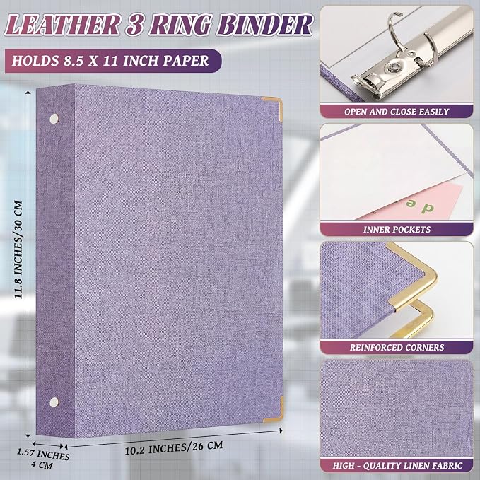 Fulmoon 2 Pcs Aesthetic 3 Ring Binders with Linen Cover 1 Inch Round Rings Binder with Inner Pocket 8.5" x 11" Binder Fits Letter Sized Durable for School Office and Home(Pink, Lavender)